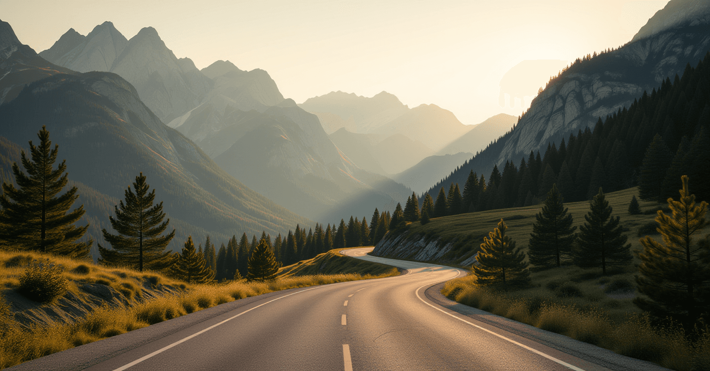Misty golden hour light spills over rugged mountain peaks, illuminating a winding valley road that c