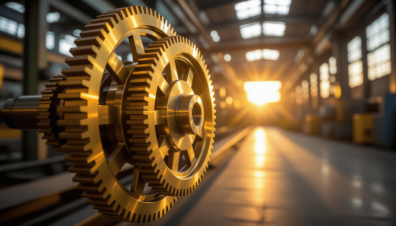 Sunlight glints off interlocking brass gears in mid-spin, captured with a slow shutter to blur motio