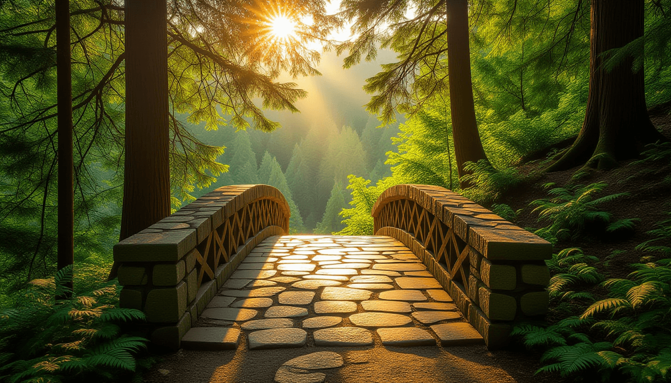 A sunlit stone bridge spans a deep forest chasm, leading toward an open wooden door at the trail’s e