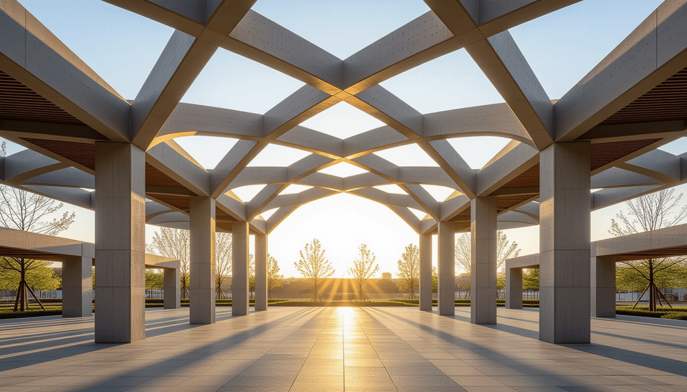 Golden hour light filters through the geometric lattice of a modern concrete pavilion, highlighting