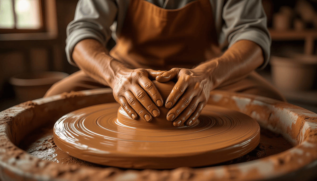 Golden hour light catches calloused hands kneading wet, reddish clay on a wooden wheel, shallow dept