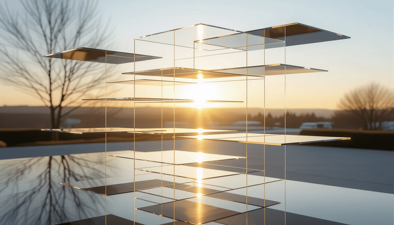 Stacked translucent acrylic sheets float in mid-air, catching the sharp angles of golden hour light
