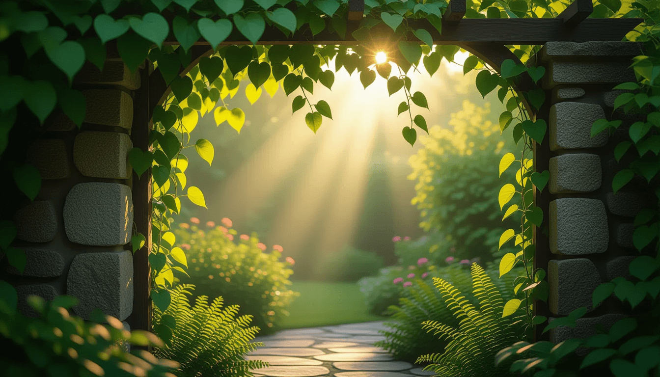 Sunlight filters through a lush garden canopy, illuminating intertwined vines climbing a stone trell