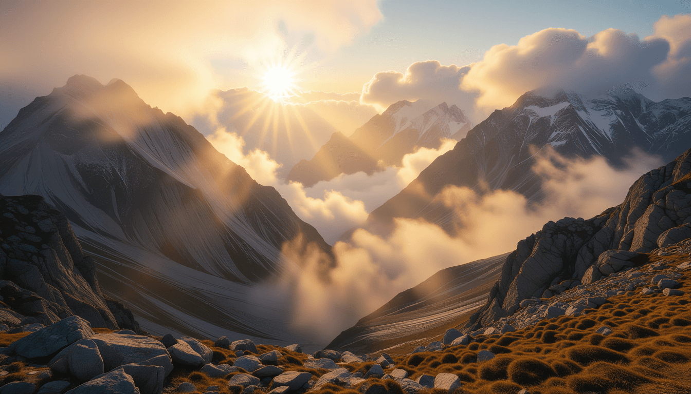 A wide-angle shot of a rugged mountain pass at golden hour, where sunbeams cut through swirling mist