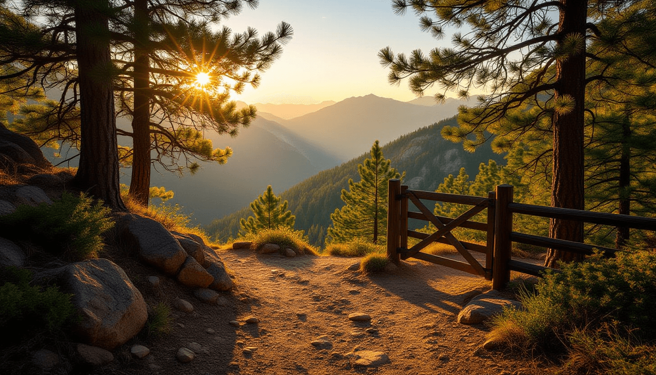 Golden hour light filters through pine trees, illuminating a rugged dirt trail winding up a steep mo
