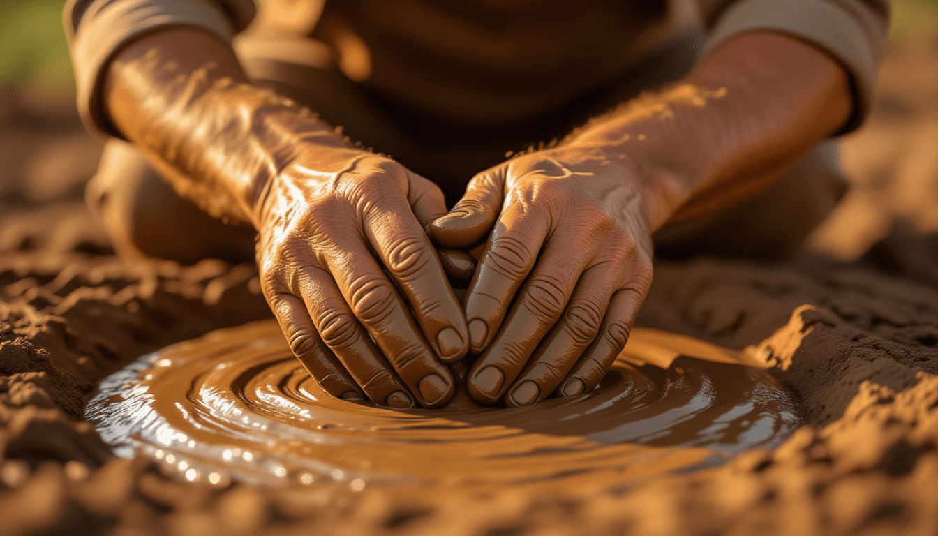 Golden hour light caresses weathered hands kneading rich, dark clay, fingers pressing deep ridges in