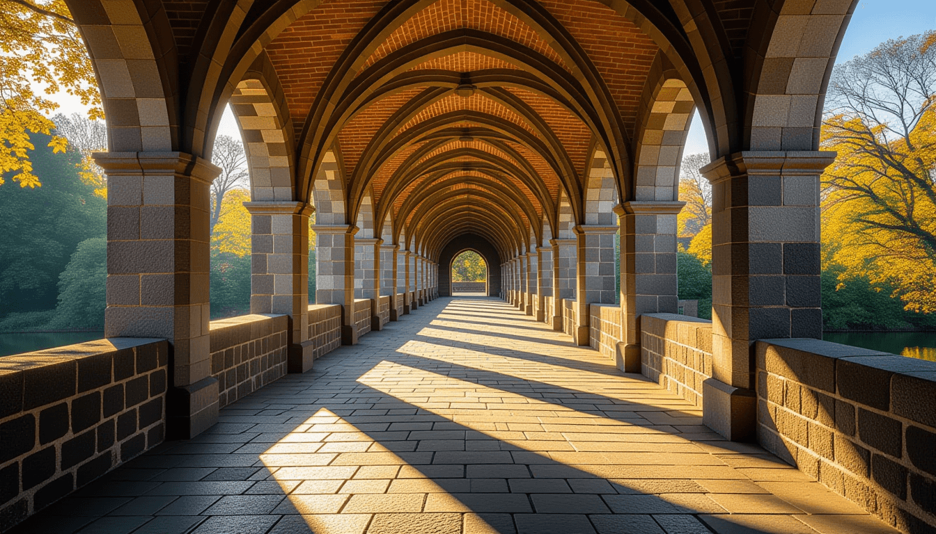 Sunlight pierces the rhythmic stone arches of an ancient bridge, casting long, intersecting shadows