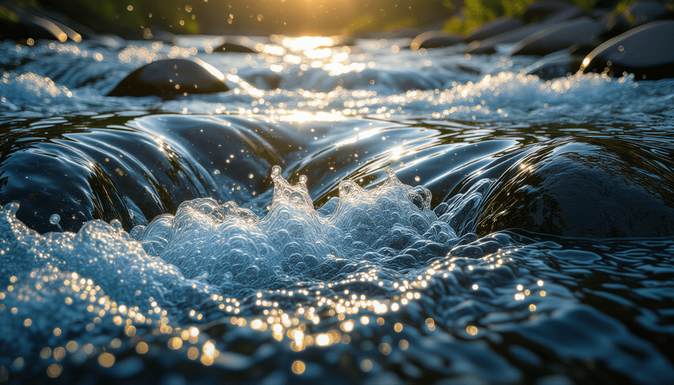 Sunlight glints off the surface of a rushing river, capturing the chaotic yet fluid motion of water