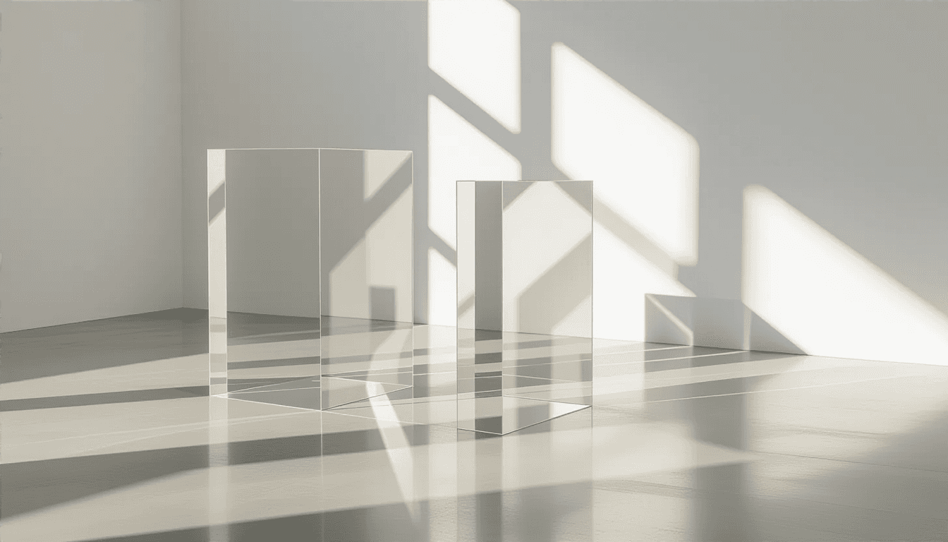 Sunlight pierces layered translucent acrylic planes suspended in a stark studio, casting sharp geome