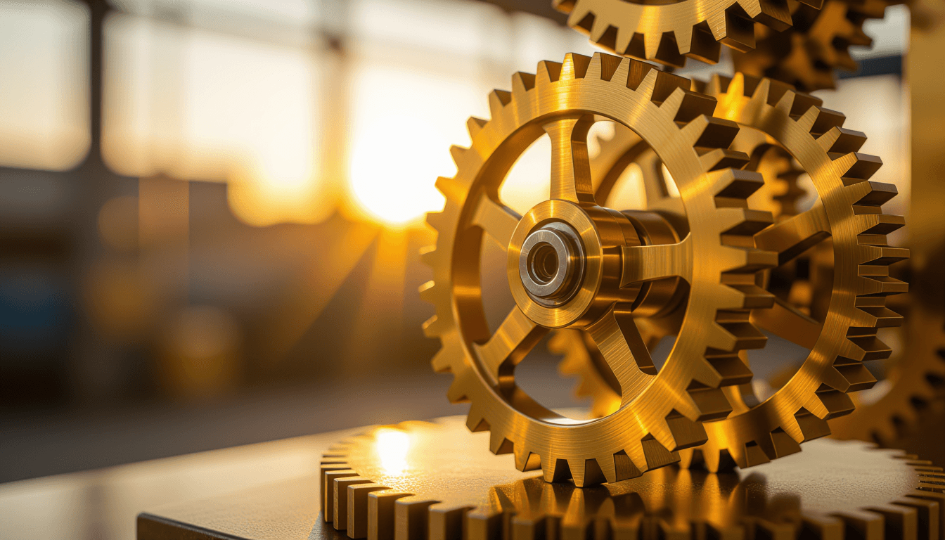 Golden hour light cuts through brass interlocking gears in a kinetic sculpture, highlighting the pre