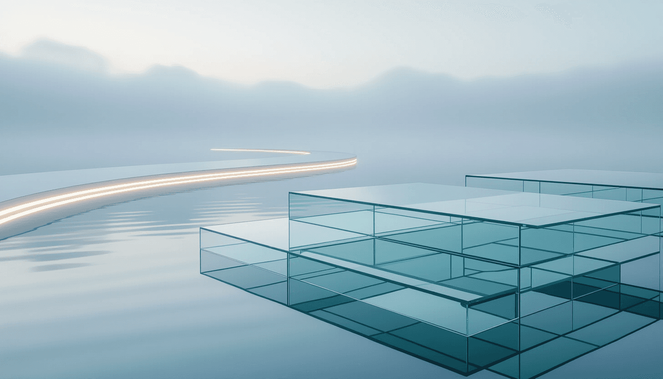 Stacked translucent glass platforms float in an overcast void, their geometric edges sharp and layer