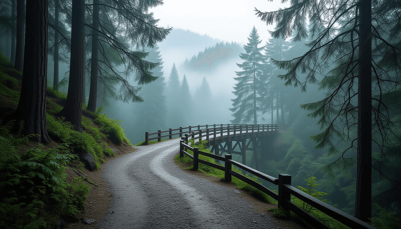 A winding gravel path ascends through a misty pine forest, leading toward a distant wooden bridge sp