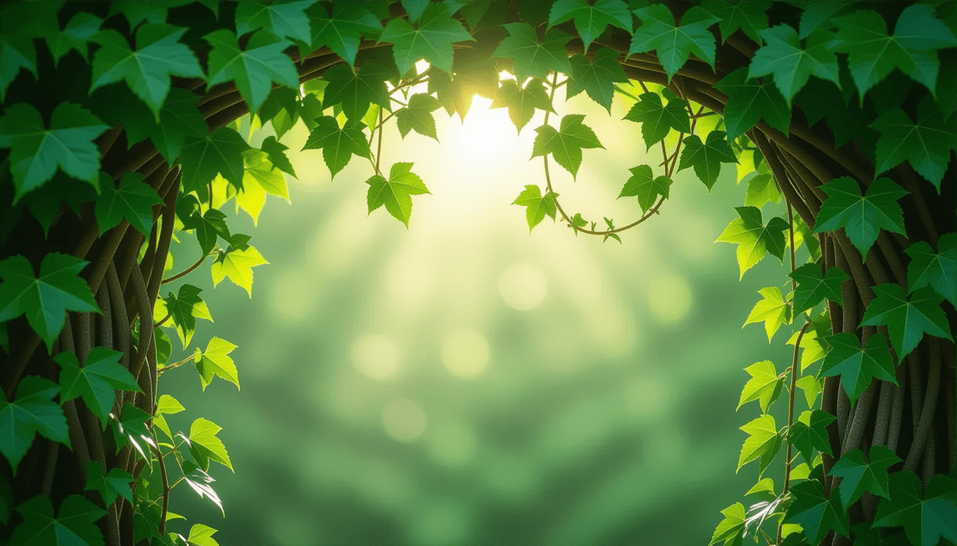 Sunlight filters through a dense, emerald canopy of mature ivy and twisting vines, capturing the org