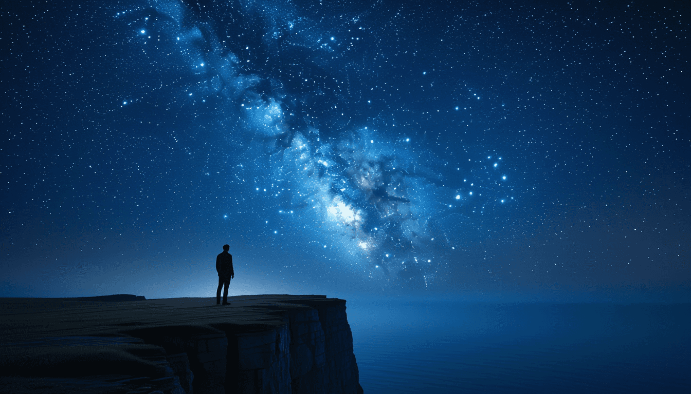 A solitary auditor stands on a windswept cliff edge, silhouetted against the infinite expanse of the