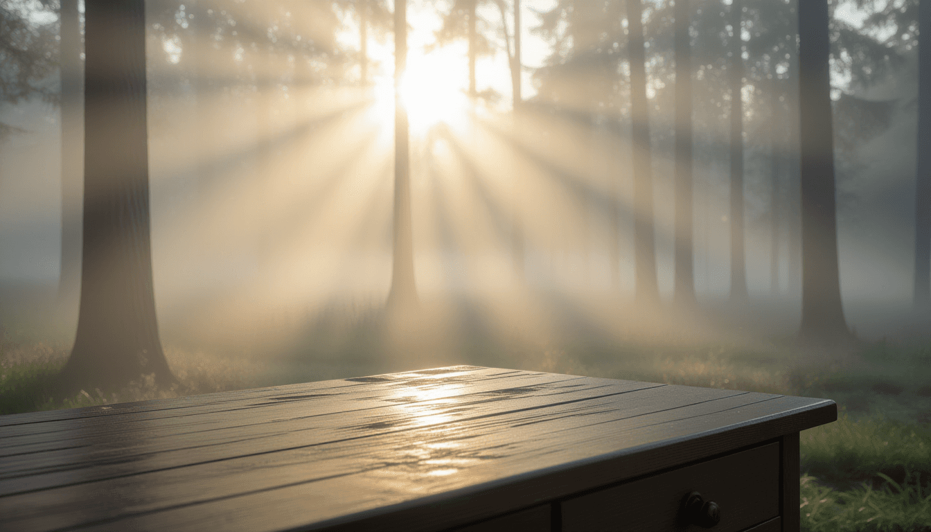 Dawn breaks over a fog-choked forest, shafts of pale light piercing the mist to illuminate dust mote