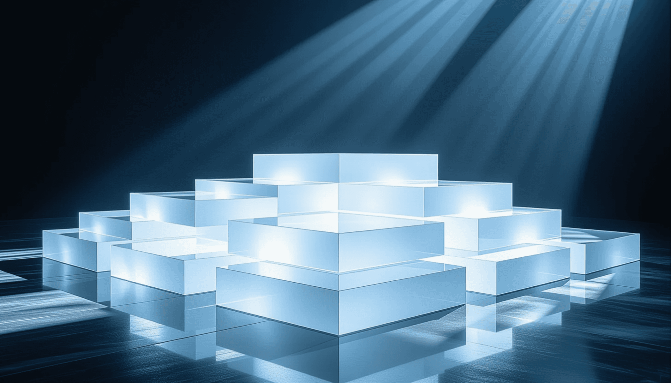 Stacks of frosted acrylic platforms float in a dim studio, illuminated by sharp, angled beams of coo
