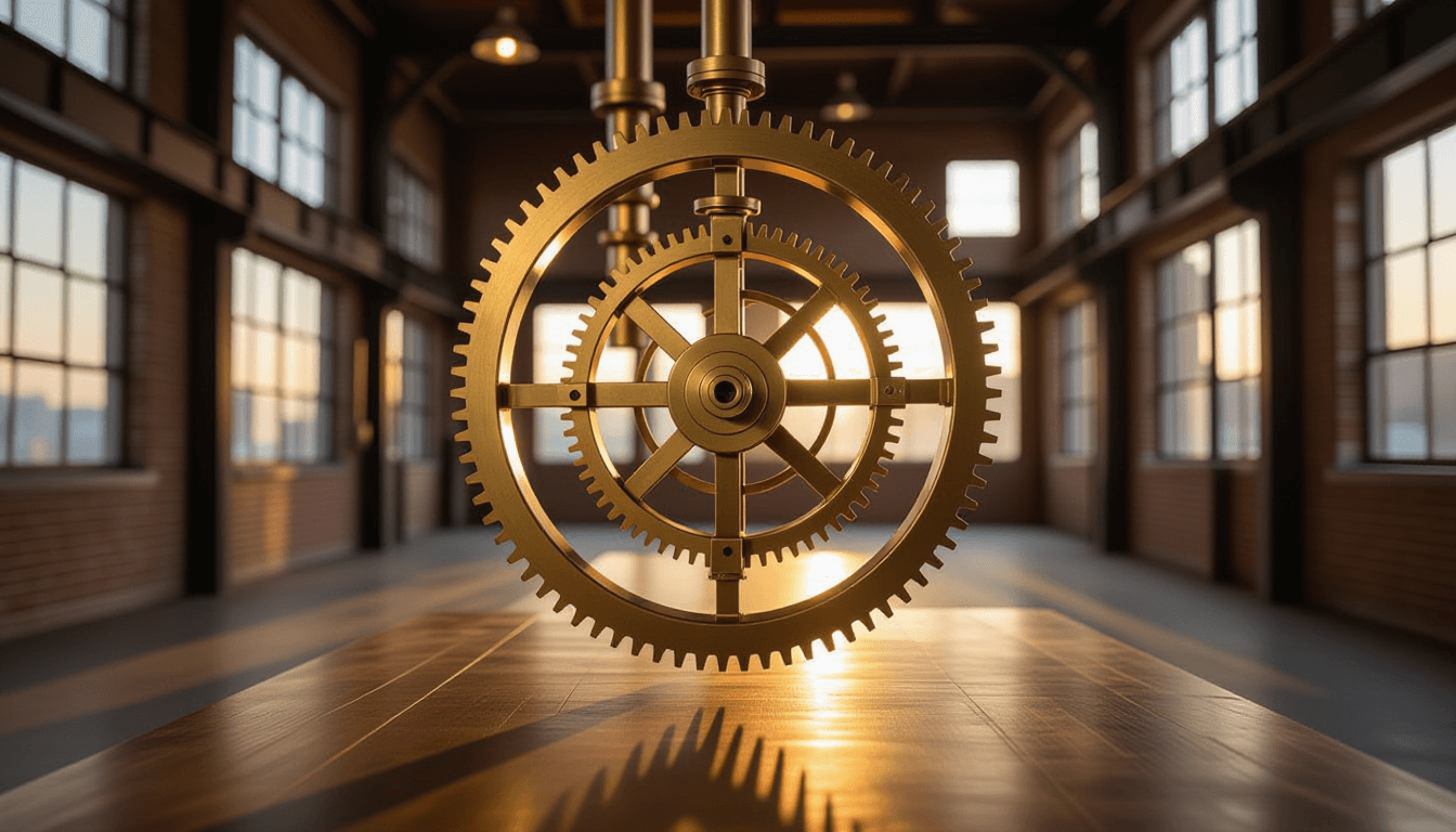 Golden hour light catches brass gears turning in slow motion, a kinetic sculpture of interlocking pi
