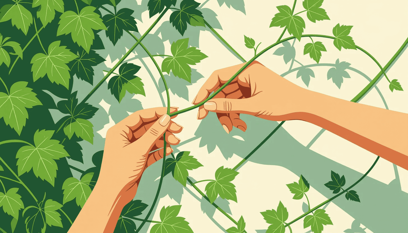 Slender hands gently prune withered, grey vines from a lush green trellis, revealing strong new shoo