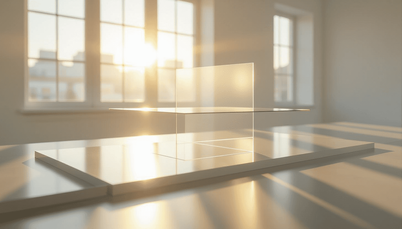 Translucent geometric planes float in a sunlit studio, their layered edges catching golden hour ligh