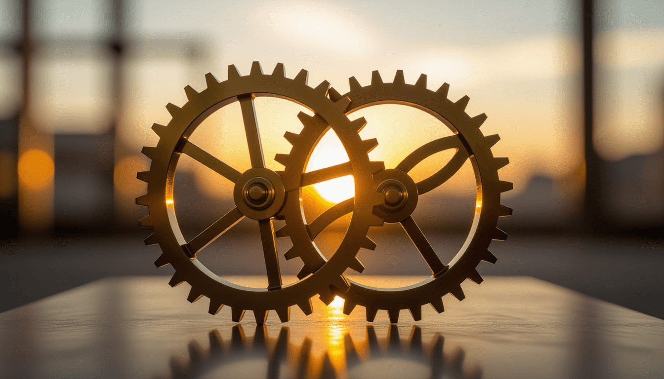 Sunset light glints off interlocking brass gears in a kinetic sculpture, capturing the seamless moti