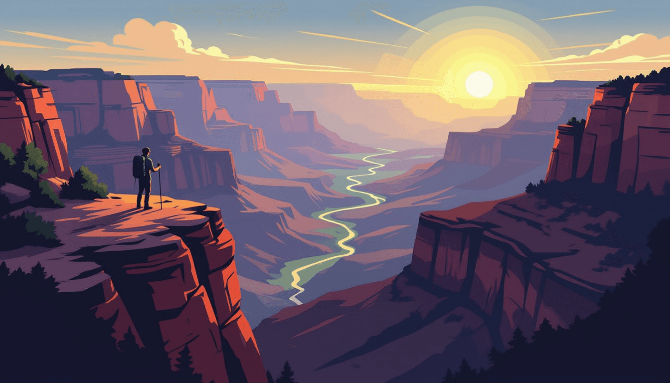 A lone hiker pauses on a steep canyon rim, gazing across a vast, serene valley bathed in golden hour