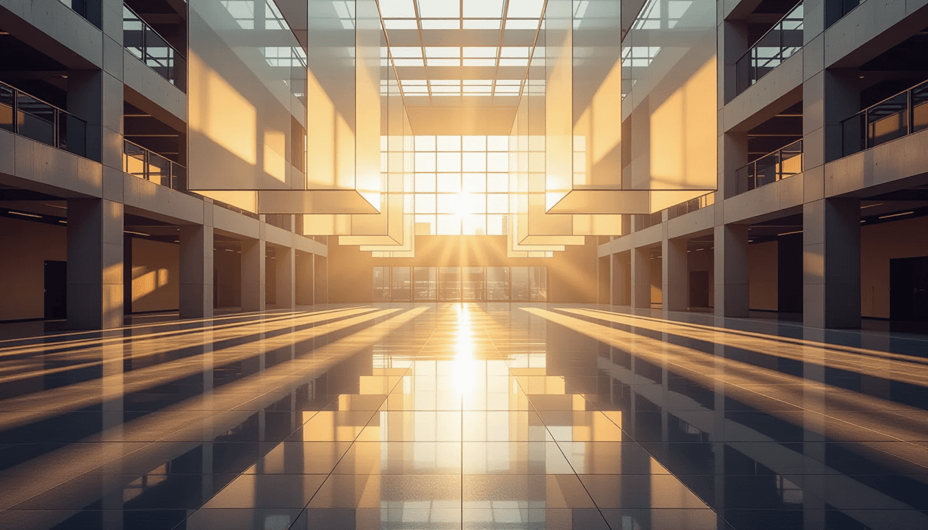 Golden hour light pierces layered translucent geometric planes suspended in a vast industrial atrium