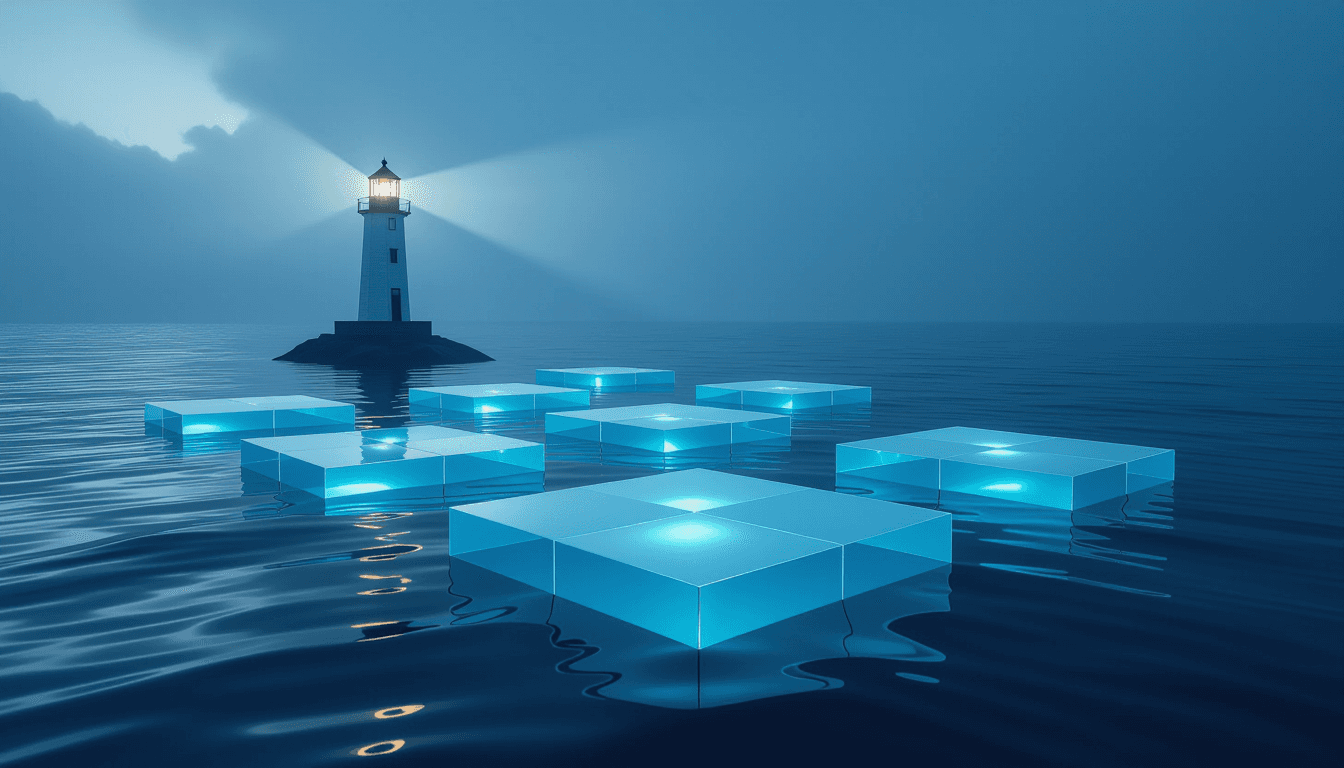 Translucent geometric platforms float in mist, reflecting the lighthouse beam. Shallow depth of fiel