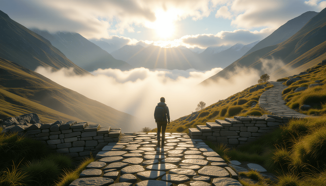 A lone hiker pauses on a narrow stone bridge spanning a misty valley, the sun breaking through cloud