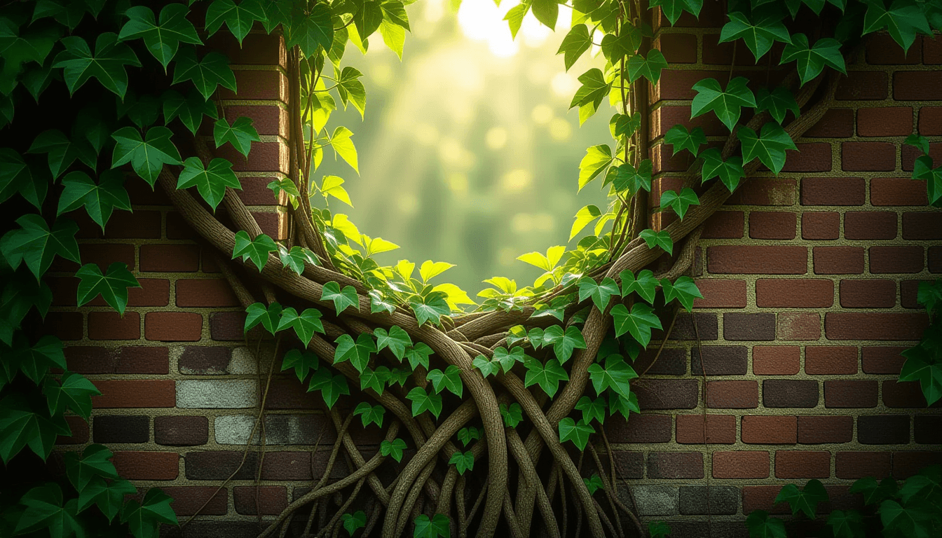 Sunlight filters through a dense canopy of ivy choking a weathered brick wall, highlighting tangled