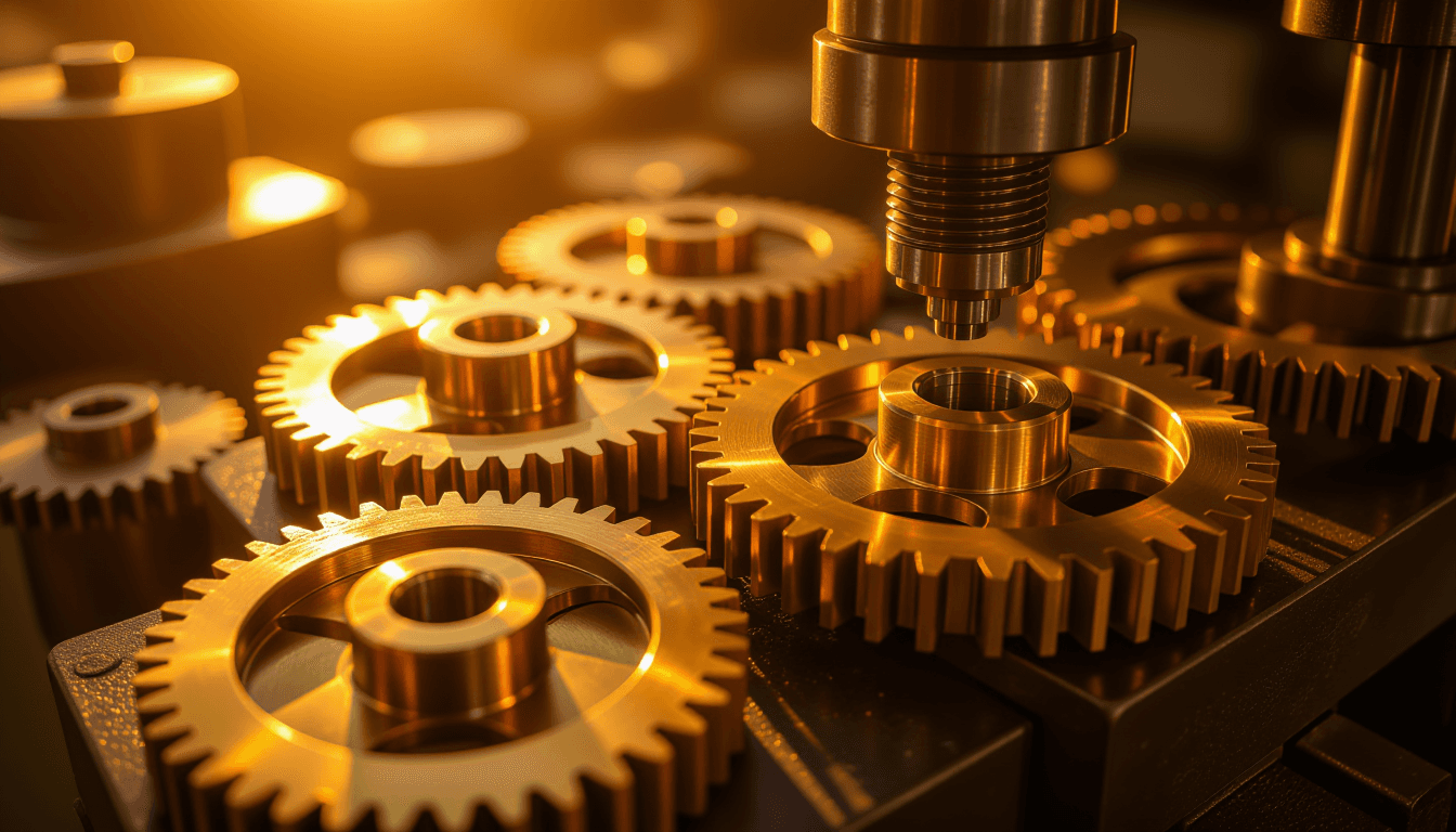 Brass gears interlock in warm golden hour light, their metallic surfaces gleaming against deep shado