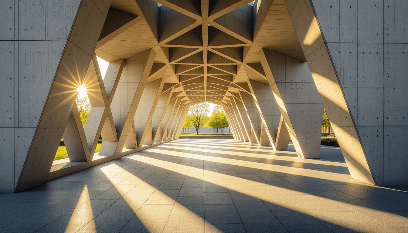 Sunlight filters through the geometric lattice of a modern concrete pavilion, casting sharp shadows