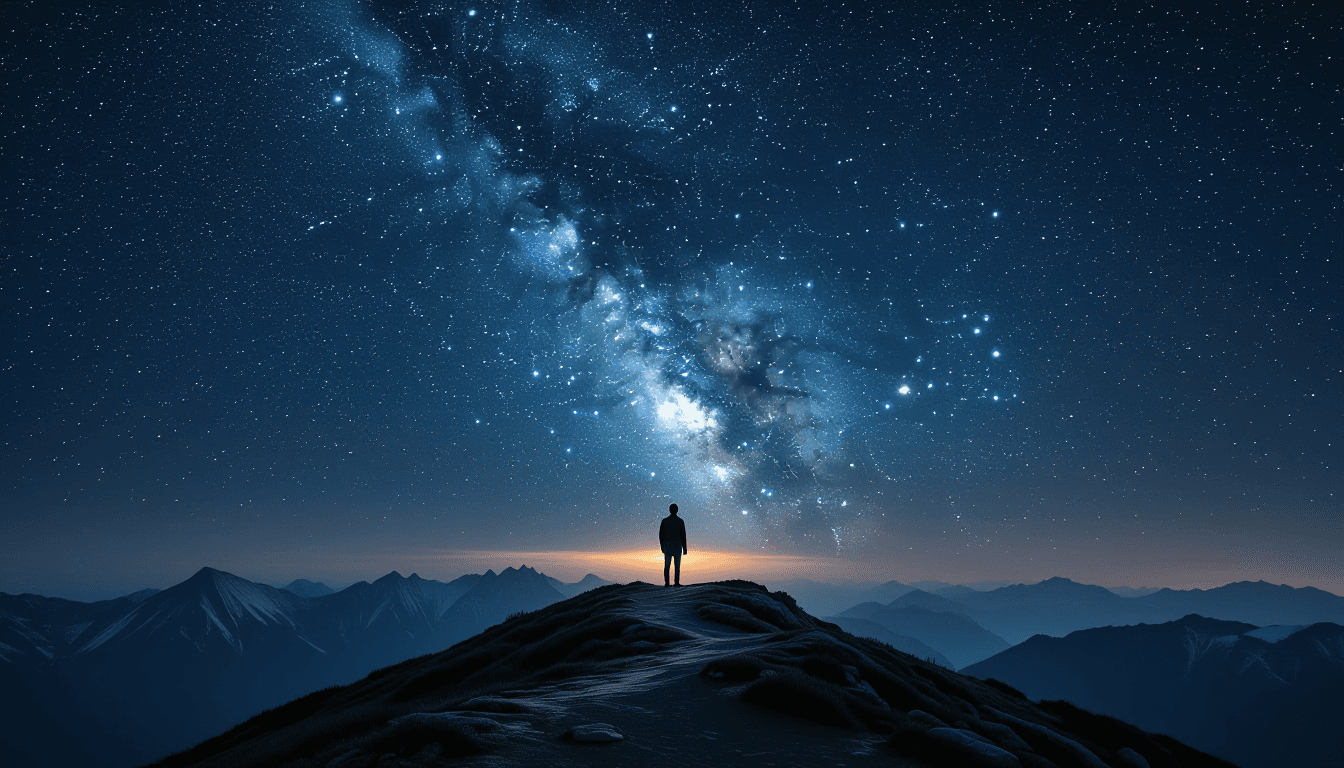 A lone figure stands on a windswept mountain ridge under a pitch-black sky, dwarfed by the Milky Way