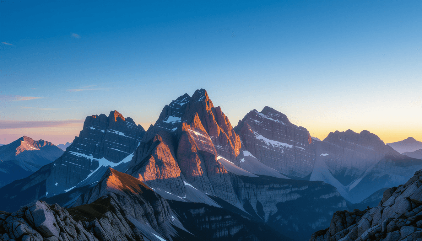Golden hour light cascades over layered granite peaks, illuminating the rugged hierarchy of the alpi