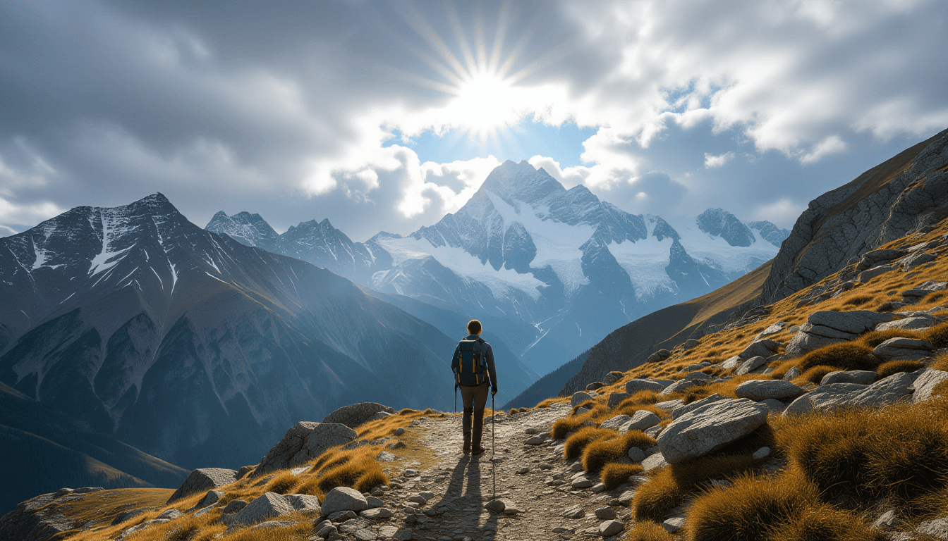 A lone hiker pauses on a rugged alpine trail, the sun breaking through storm clouds to illuminate th