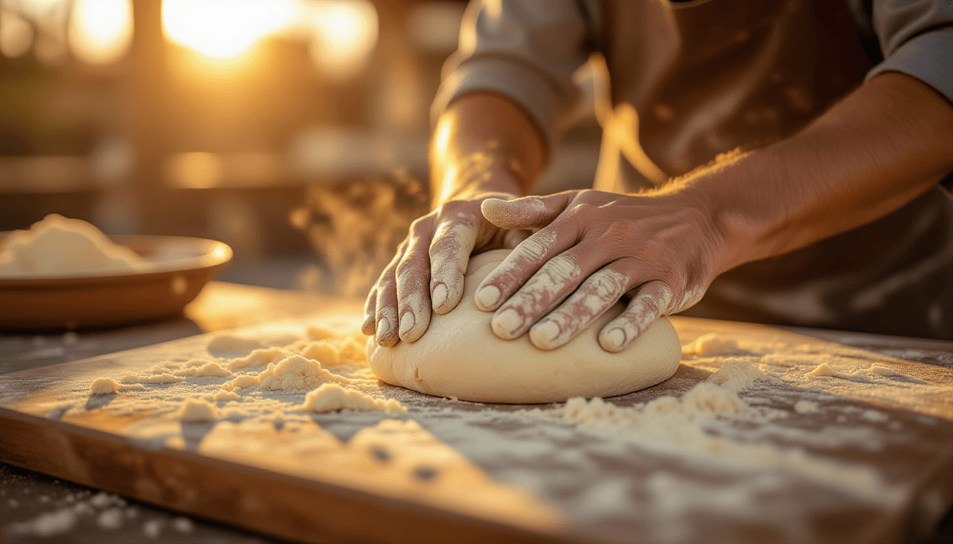 Golden hour light catches rough, clay-dusted hands kneading misshapen, crumbling dough on a worn woo