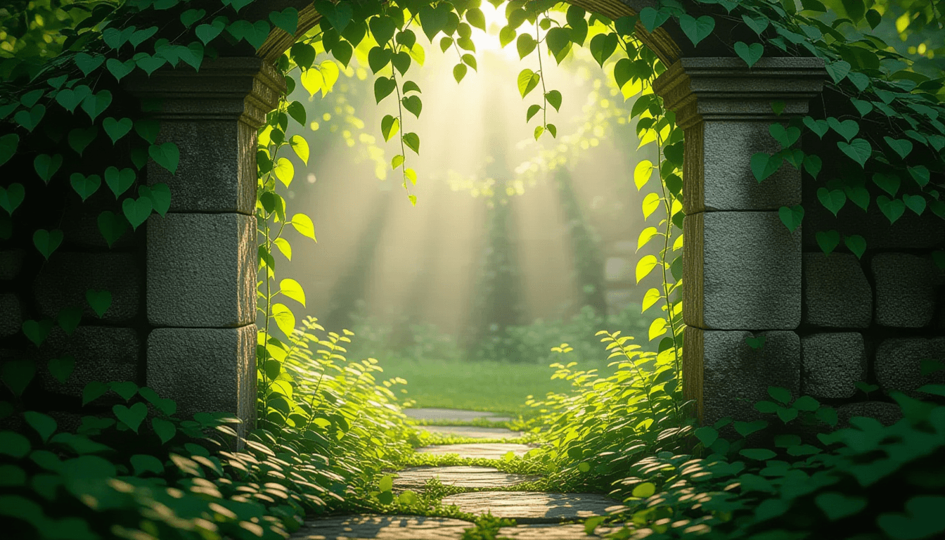 Sunlight filters through a lush, overgrown garden canopy, illuminating delicate green vines that wea