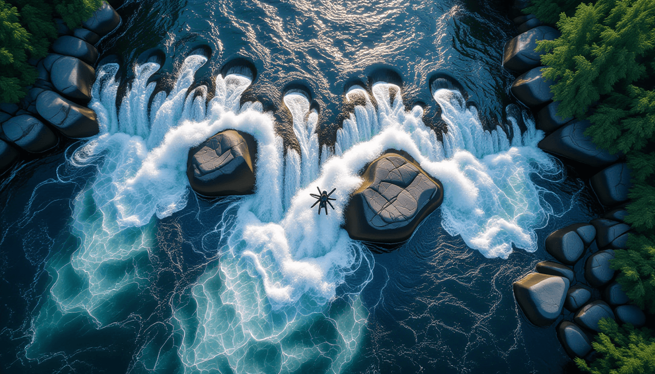 Aerial drone shot capturing a turbulent river churning over smooth, dark river stones, with frothy w