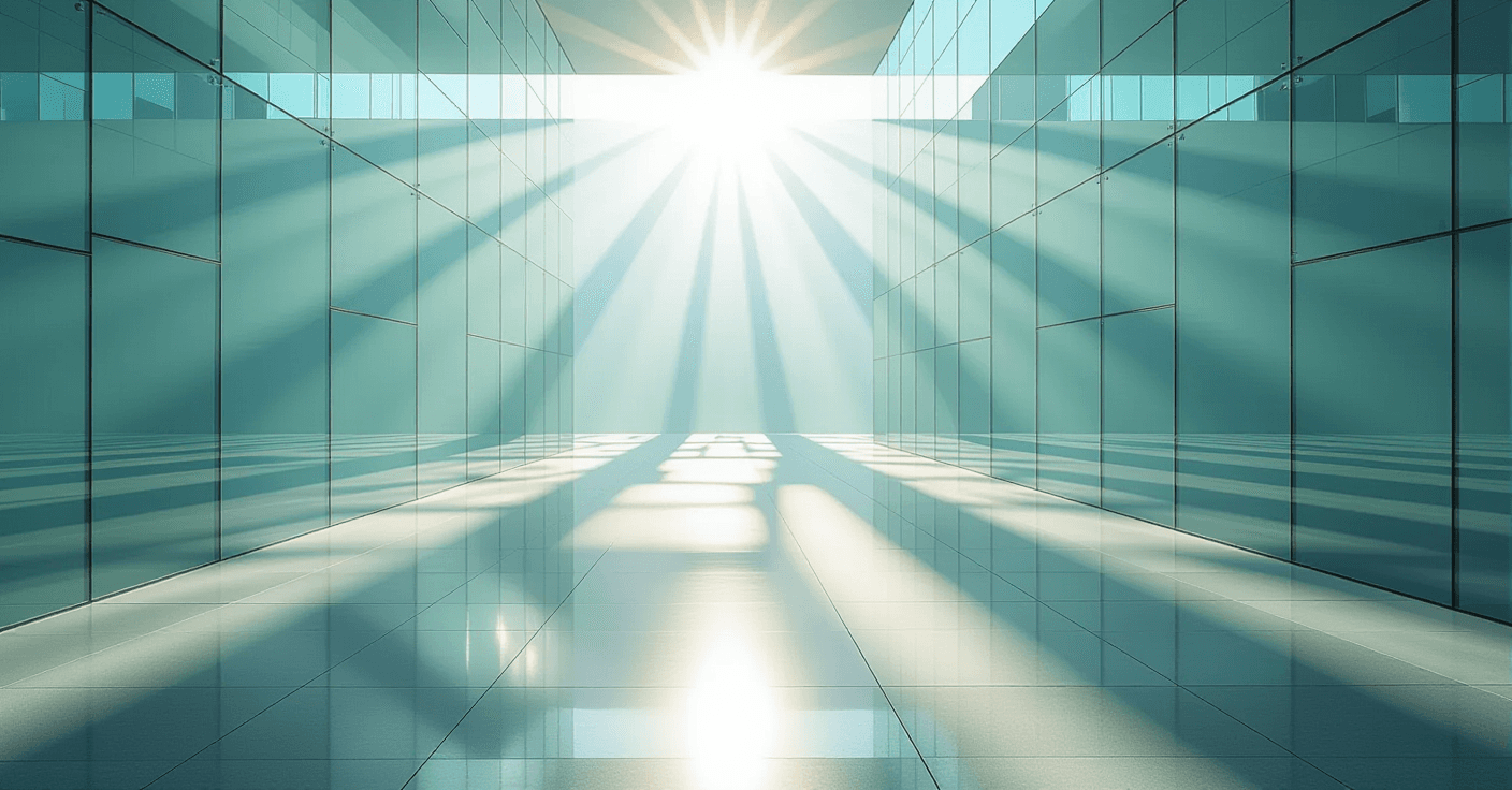 Sunlight pierces layered translucent glass planes, casting sharp tessellating shadows across a polis