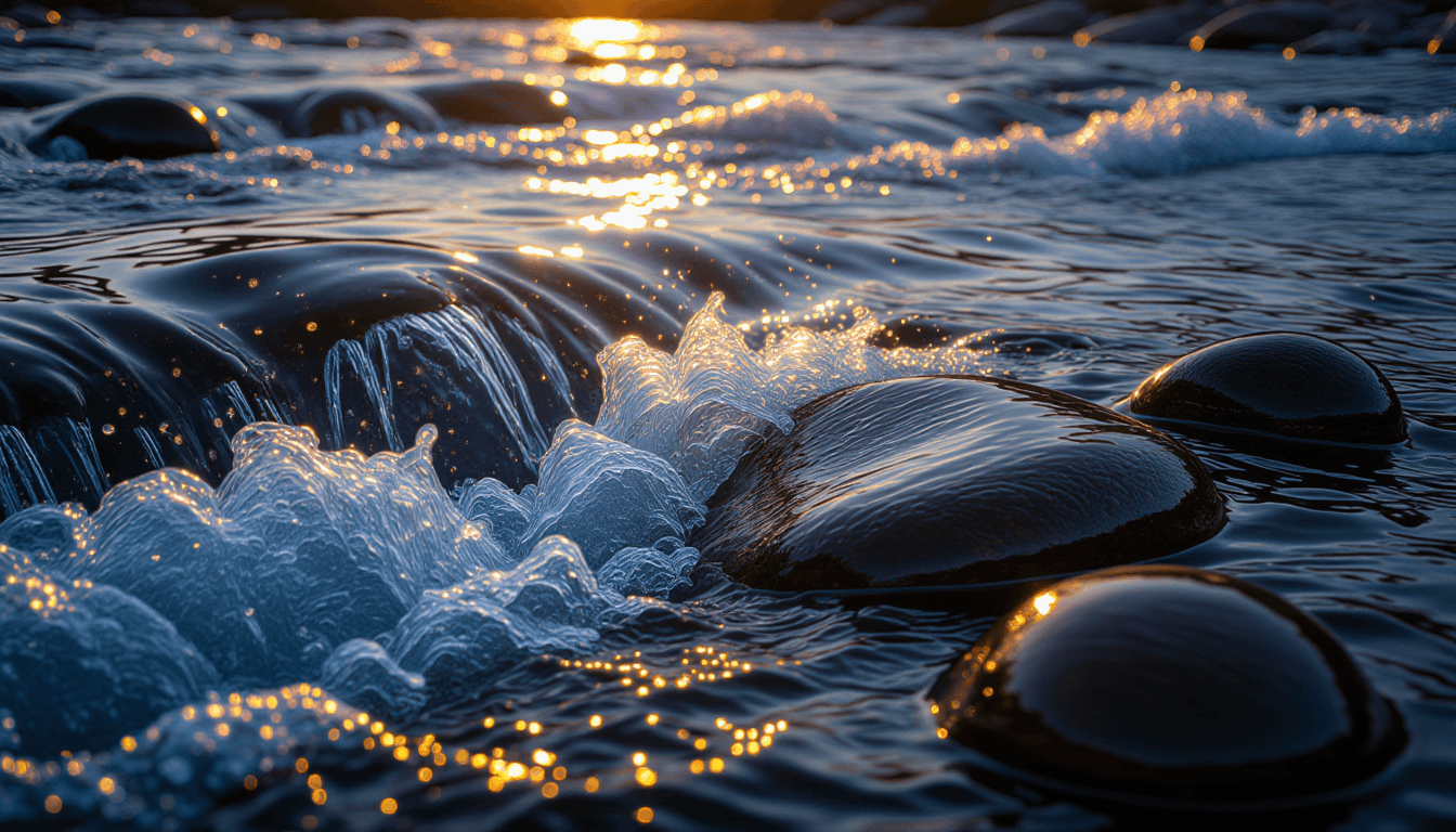 Golden hour light glints off a turbulent river churning around smooth, dark stones, capturing the re