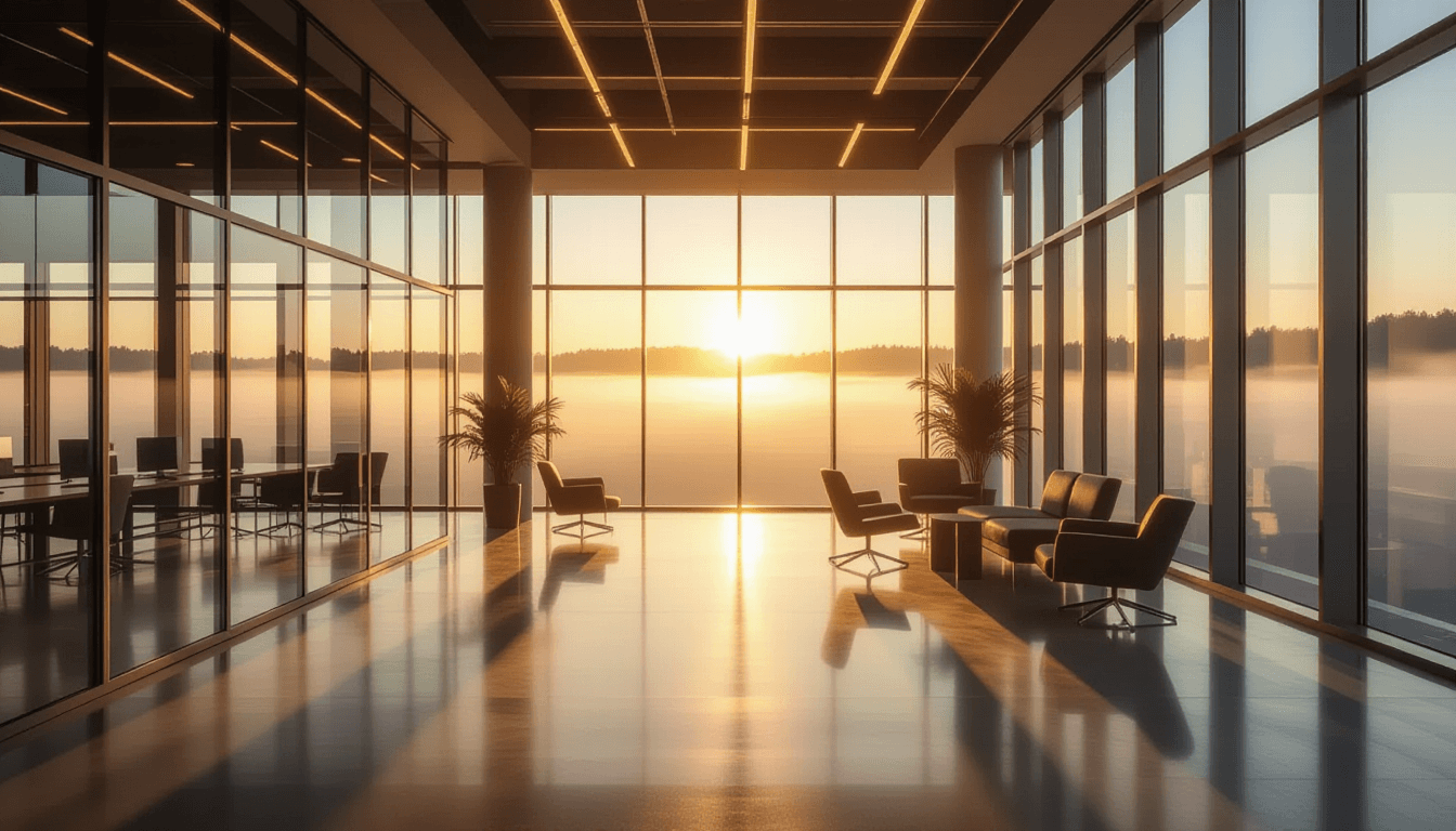 Golden hour sunlight pierces through morning fog in a modern glass office, casting long, ethereal be