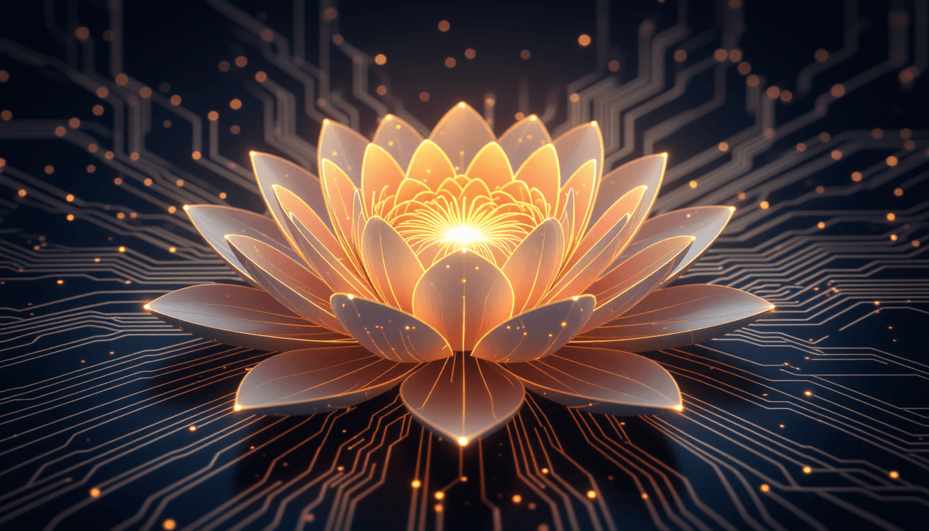 A glowing, modular circuit board unfolding like a blooming lotus flower, with golden light rays conn
