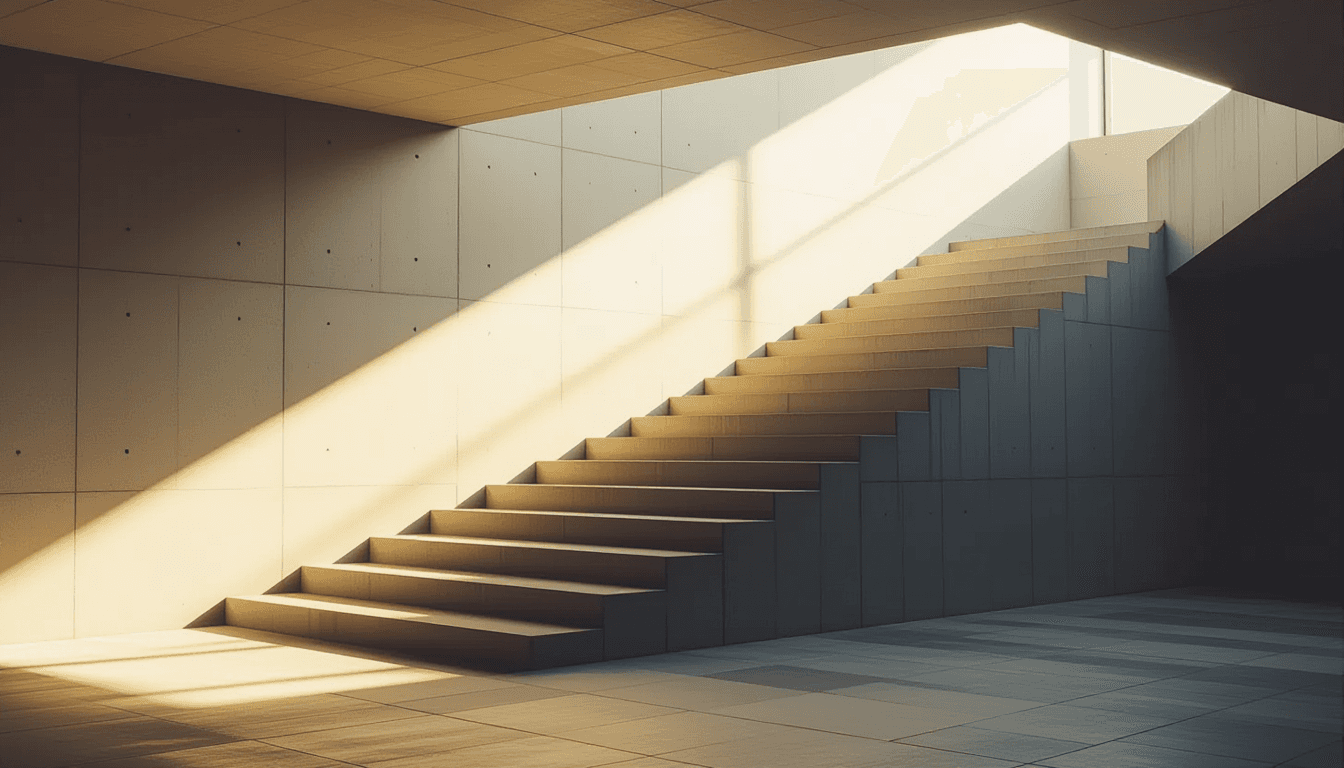 Golden hour light washes over a brutalist concrete staircase, casting long, geometric shadows that e