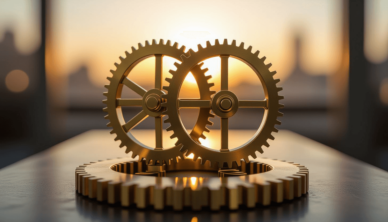 Golden hour light glints off interlocking brass gears in a kinetic sculpture, capturing the precise