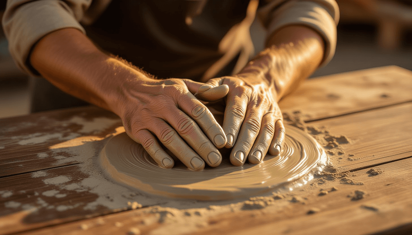 Golden hour light washes over calloused hands kneading damp clay on a rustic wooden table, shallow d