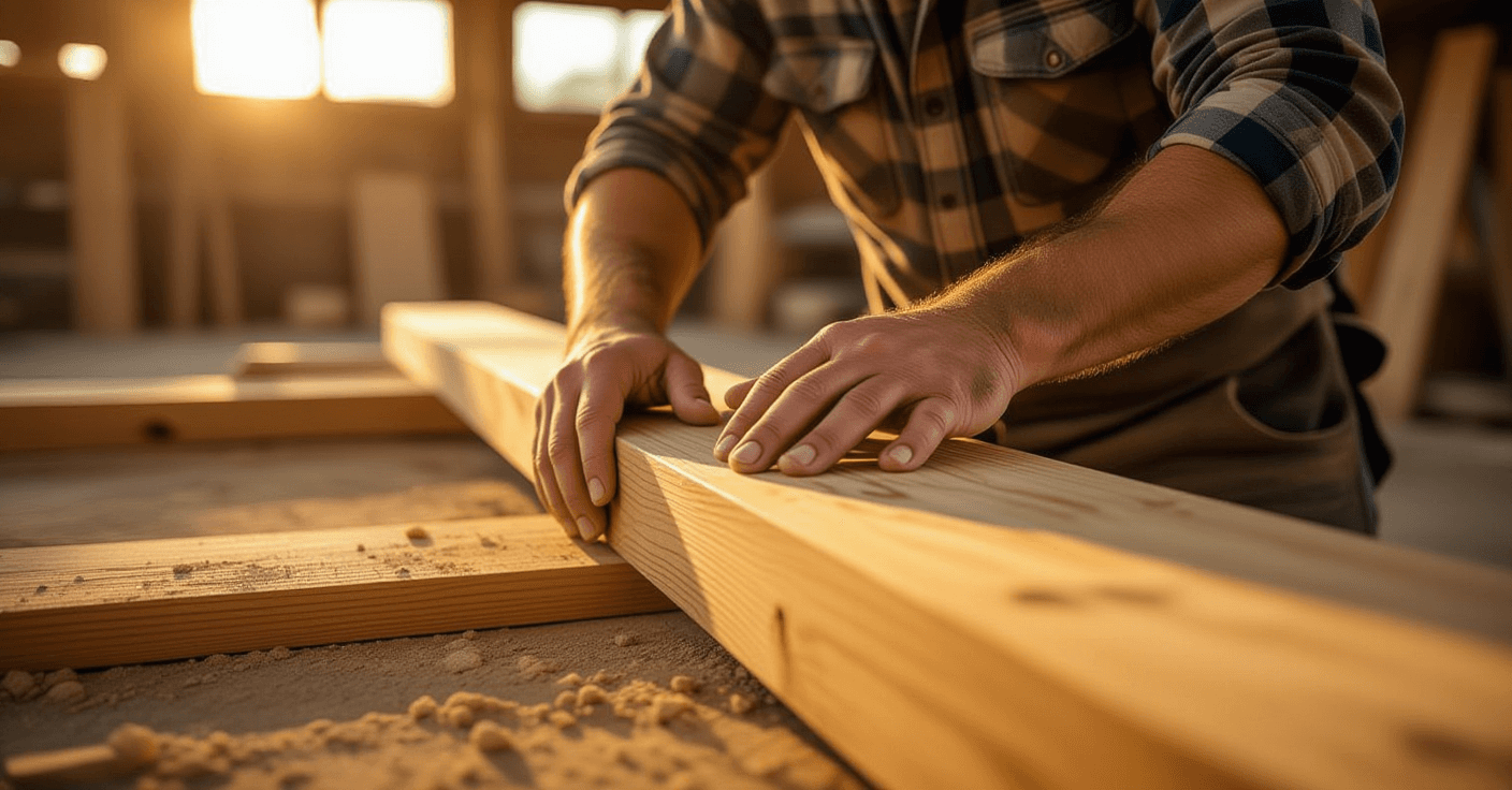 Golden hour light washes over calloused hands guiding rough-hewn timber into place, shallow depth of