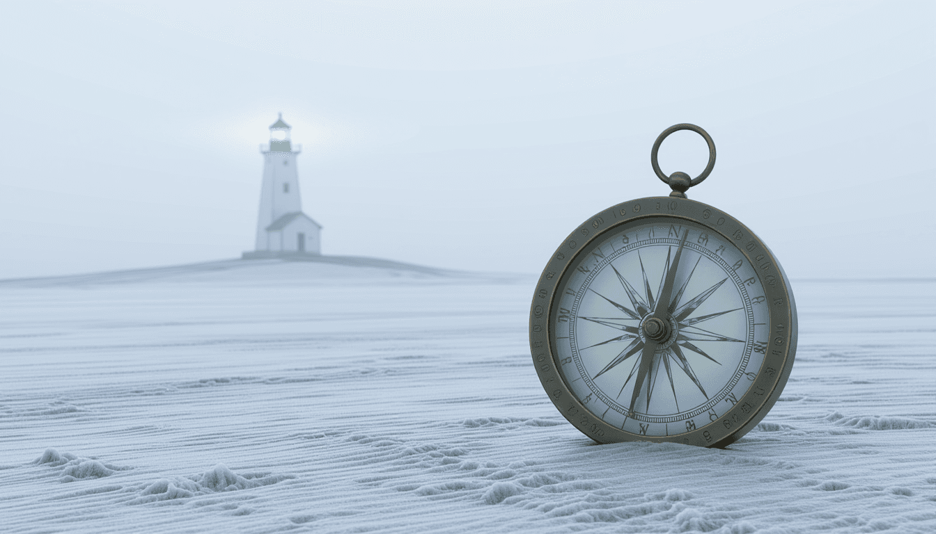 A solitary compass rose rests on a vast, foggy tundra, its needle spinning wildly toward a distant