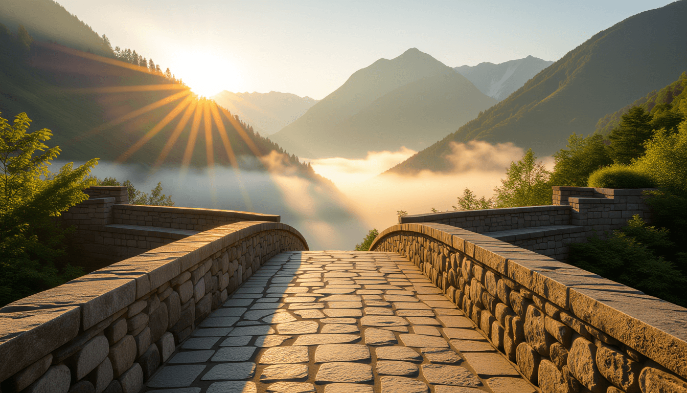 Golden hour light spills across a stone bridge spanning a misty ravine, leading the eye toward a sun