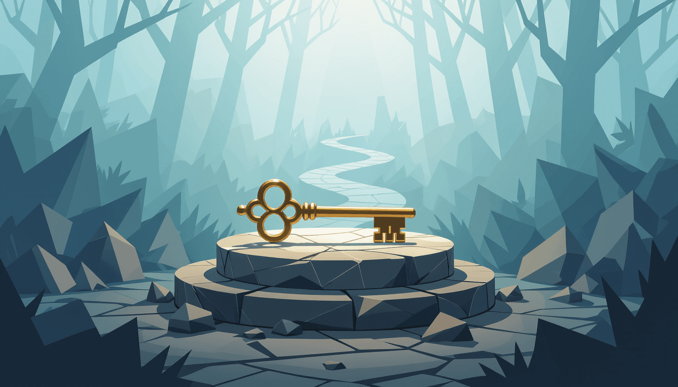 A golden key rests on a fragmented stone pedestal, illuminating a winding path through a misty fores
