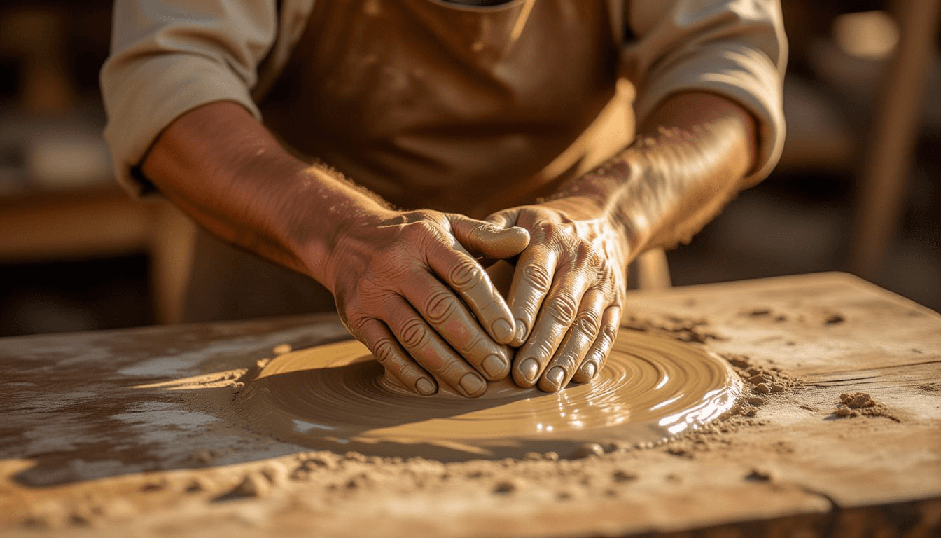 Golden hour light glints off weathered hands kneading wet clay, shaping it with deliberate, rhythmic