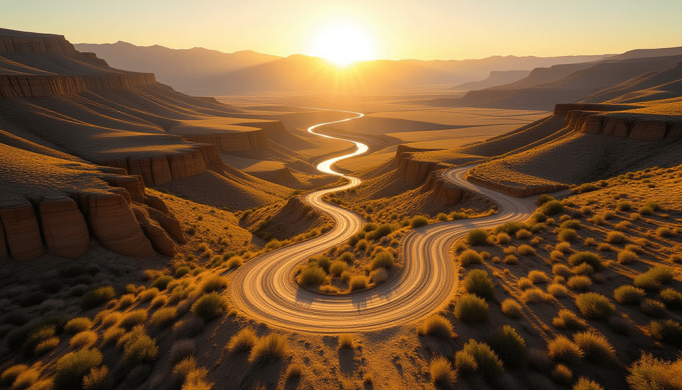 Aerial drone shot following a winding dirt road carving through a rugged mountain valley at golden h